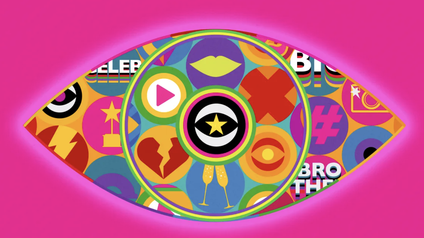 El logotipo del ojo de Celebrity Big Brother UK 2024 con una estrella en el medio, superpuesta sobre un fondo rosa