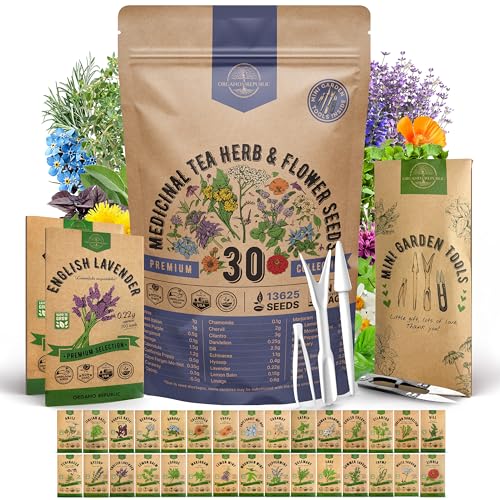 Organo Republic 30 Medicinal Tea Herb &amp;amp; Flower Seeds Variety Pack - 13600+ Non-Gmo Heirloom Flower Seeds for Outdoor &amp;amp; Indoor Garden, Including Bergamot, Catnip, Calendula, Dandelion, Lovage, Zinnia