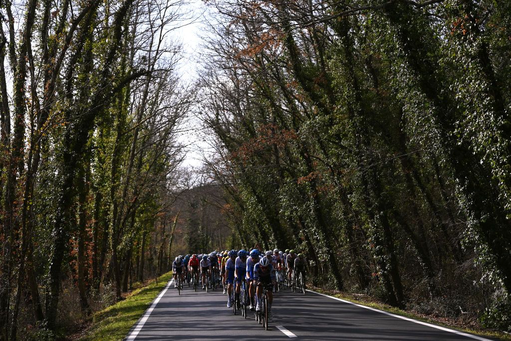 FOLLONICA ITALY MARCH 07 A general view of the peloton competing during the 58th TirrenoAdriatico 2023 Stage 2 a 210km stage from Camaiore to Follonica TirrenoAdriatico on March 07 2023 in Follonica Italy Photo by Tim de WaeleGetty Images