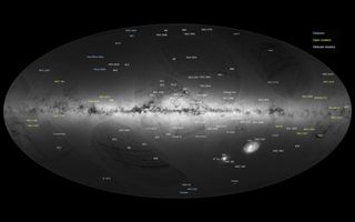 The first full-sky map from the European Space Agency's Gaia mission is shown here. The annotated view is made up of observations collected by Gaia between July 2014 and September 2015.