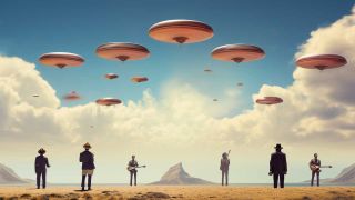 An illustration of musicians standing in the desert with flying saucers hovering above