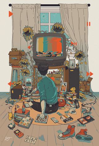 Inside the artist's studio; an illustration of a person in a messy room watching a CRT screen