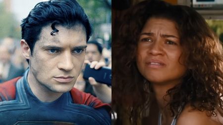 Kal-El (David Corenswet) walks through a crowd in Superman, while Rue Bennett (Zendaya) looks worried on Euphoria.
