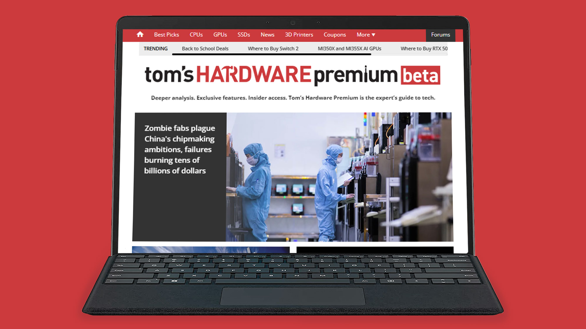 Screenshot of Tom's Hardware Premium Beta on a laptop, on a red background