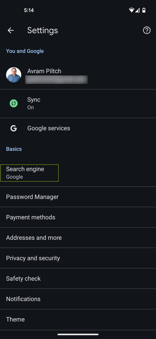 Select Search Engine in Chrome Settings