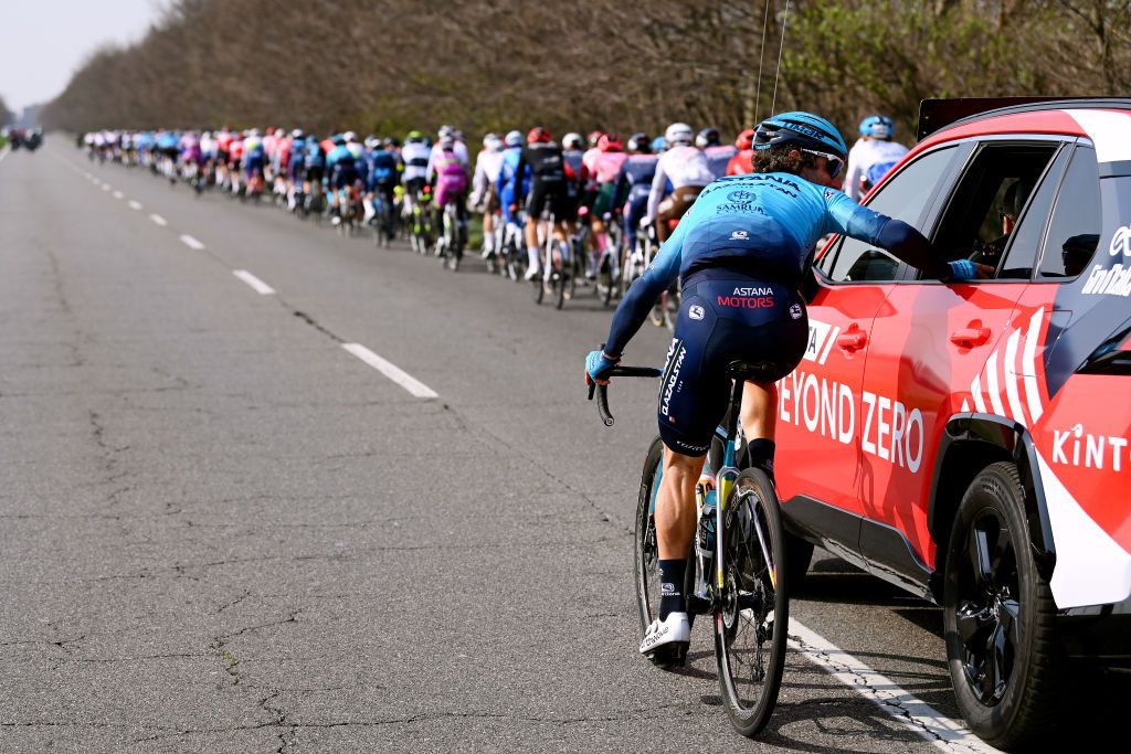 SANREMO ITALY MARCH 19 Fabio Felline of Italy and Team Astana Qazaqstan in assistance car during the 113th MilanoSanremo 2022 a 293km one day race from Milano to Sanremo MilanoSanremo on March 19 2022 in Sanremo Italy Photo by Tim de WaeleGetty Images