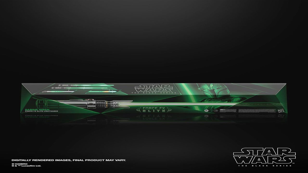 A black and green box with a lightsaber horizontal across the face of it overlaying a helmeted character holding it, all on a black background