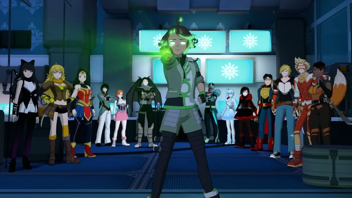 Still image of trailer for Justice League x RWBY animated movie features multiple iconic characters