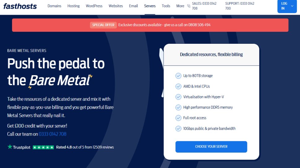 Website screenshot of Fasthosts Bare Metal Servers (August, 2025)