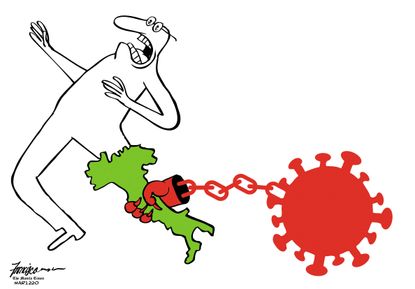 Editorial Cartoon World Italy Coronavirus COVID-19 boot ball and chain pandemic