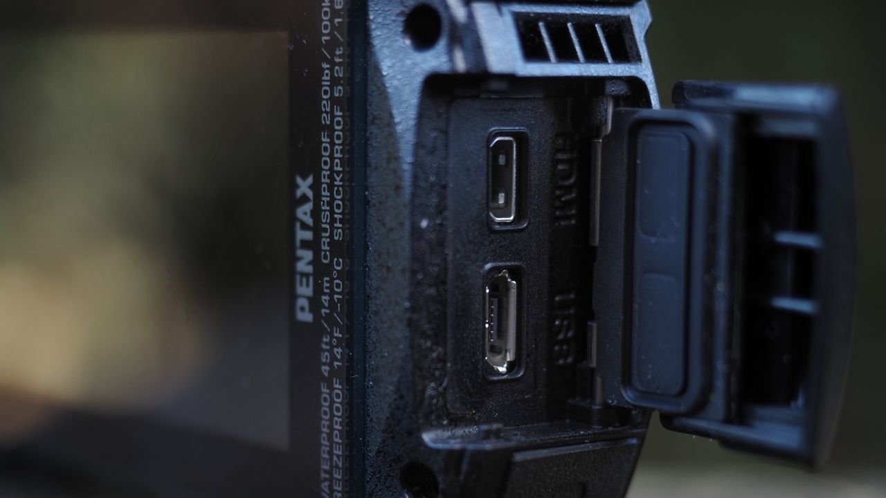 Close up of the USB / HDMI compartment of a Pentax WG-90, sitting on a wooden surface in front of woodland