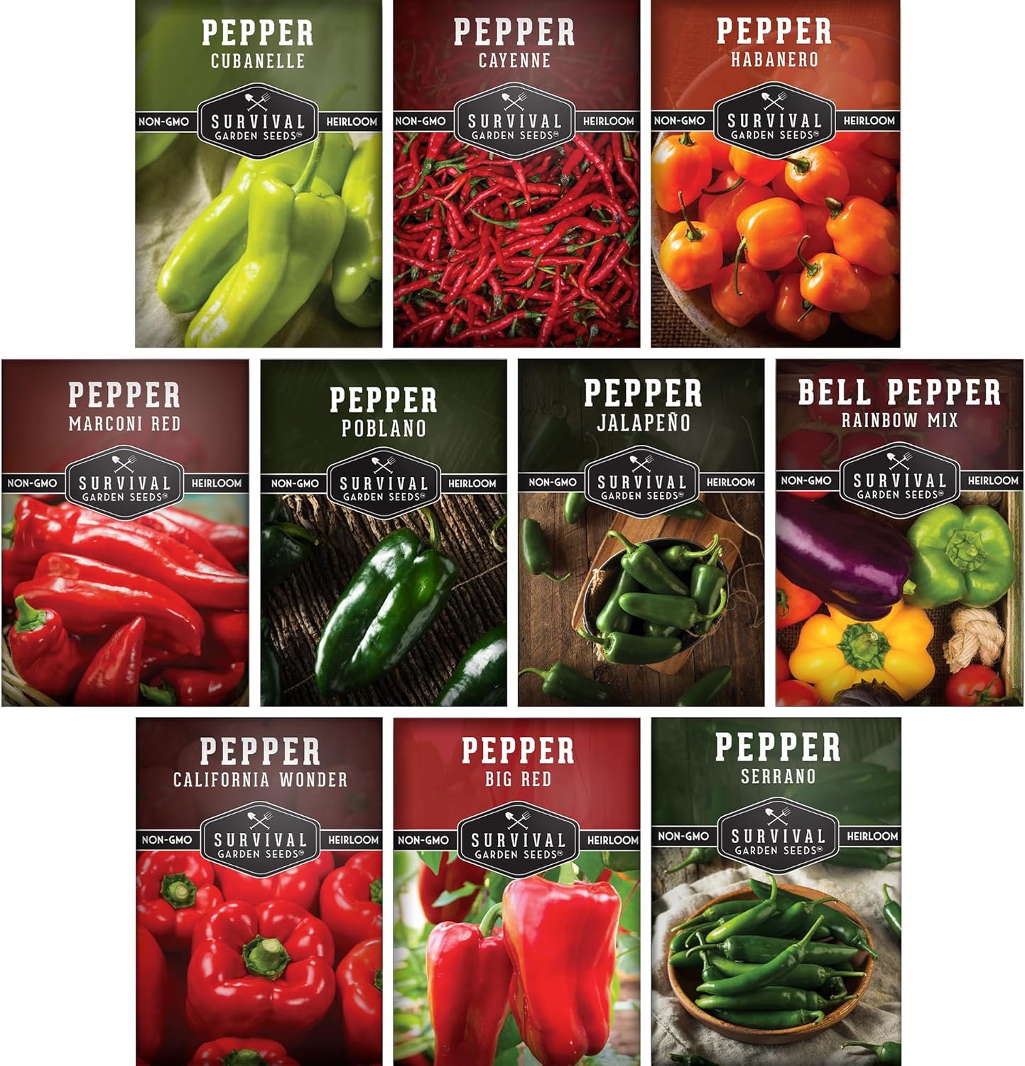 10 Pepper Seed Packs for Planting | Jalape&amp;ntilde;o, Serrano, Cayenne, Bell, Habanero, Poblano &amp;amp; More &amp;ndash; Hot &amp;amp; Sweet Heirloom Non-Gmo Peppers Collection &amp;ndash; Survival Garden Seeds