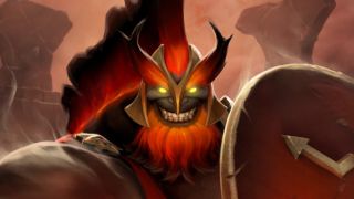 Dota 2 screenshot showing a grinning man with a shield and helmet and glowing yellow eyes