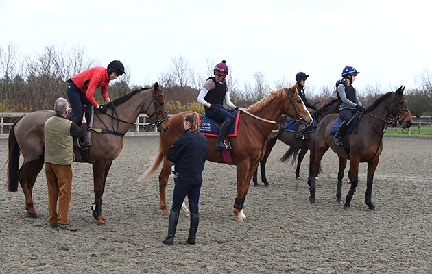 Yogi Bresner providing the training on Point-to-Point riding in the menage at the British Racing School in Newmarket in Suffolk, UK on the 3rd December 2015