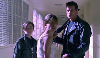 Edward Furlong, Linda Hamilton, and Arnold Schwarzenegger in Terminator 2