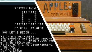 A laptop screen showing an emulated Apple-1 game next to an Apple-1 computer