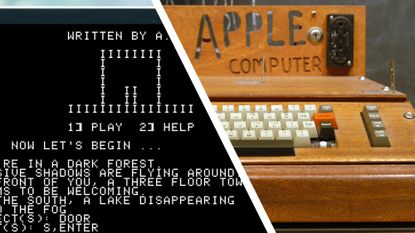 A laptop screen showing an emulated Apple-1 game next to an Apple-1 computer