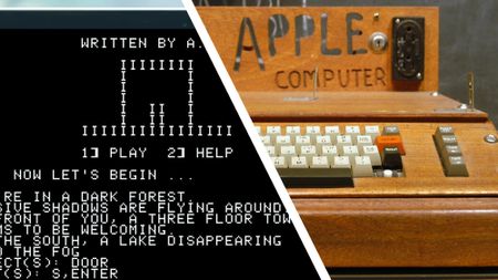 A laptop screen showing an emulated Apple-1 game next to an Apple-1 computer
