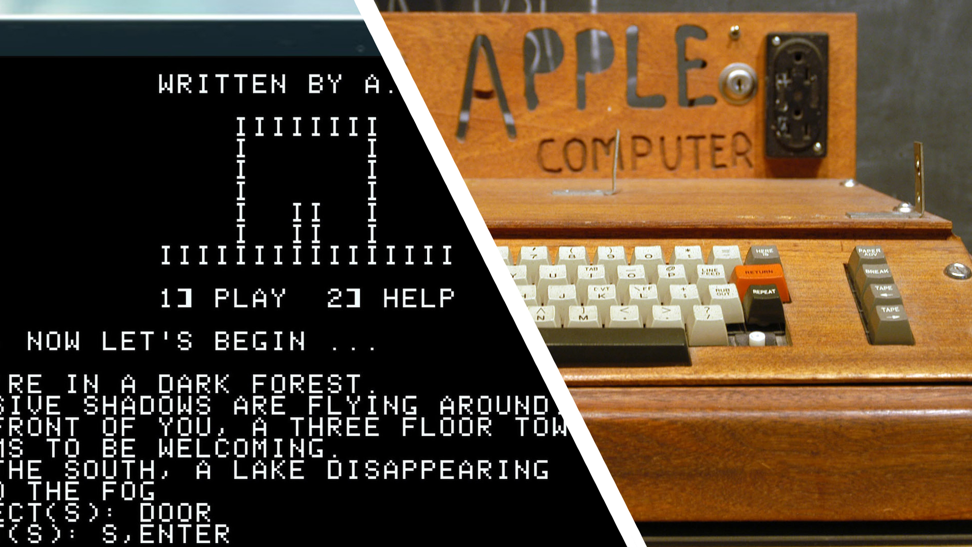 A laptop screen showing an emulated Apple-1 game next to an Apple-1 computer