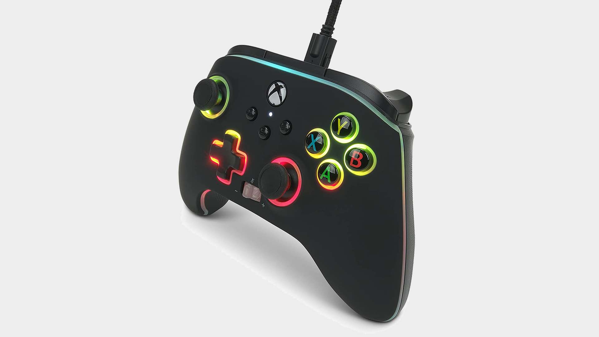 PowerA Spectra Infinity Enhanced controller pictured from various angles with lighting enabled.
