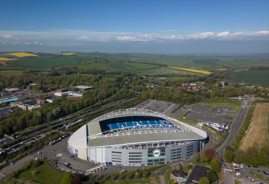 An aerial view of American Express Community Stadium prior to the Premier League match between Brighton &amp; Hove Albion and Manchester United at American Express Community Stadium on May 04, 2023 in Brighton, England.