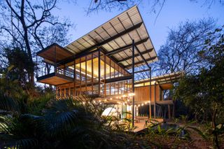 Exterior of the jungle house with glass windows and lights
