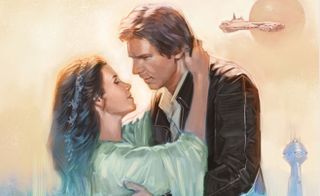 Cover art for 'Star Wars: The Princess and the Scoundrel' depicting Han Solo and Princess Leia embracing in front of spaceships in the sky
