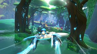 Astro Bot rides a DualSense controller with rocket thrusters through a jungle environment