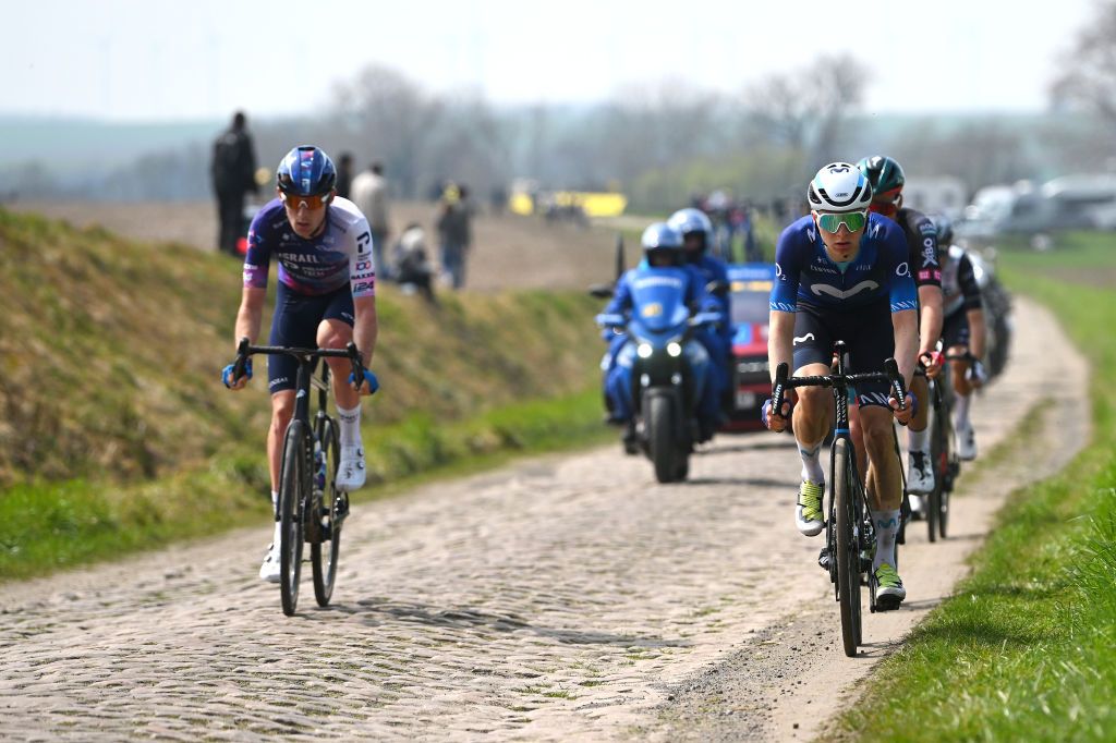 ROUBAIX FRANCE APRIL 09 LR Derek Gee of Canada and Team Israel Premier Tech and Juri Hollmann of Germany and Movistar Team compete in the breakaway during the 120th ParisRoubaix 2023 Mens Elite a 2566km one day race from Compigne to Roubaix on UCIWT April 09 2023 in Roubaix France Photo by Luc ClaessenGetty Images