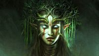 Elf Woman with only white eyes and wooden headdress challenging viewer
