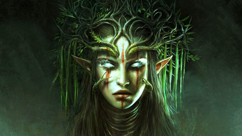 Elf Woman with only white eyes and wooden headdress challenging viewer