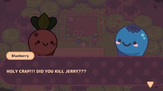 Turnip Boy has a heated discussion with a blueberry about his alleged murder of Jerry to snail.