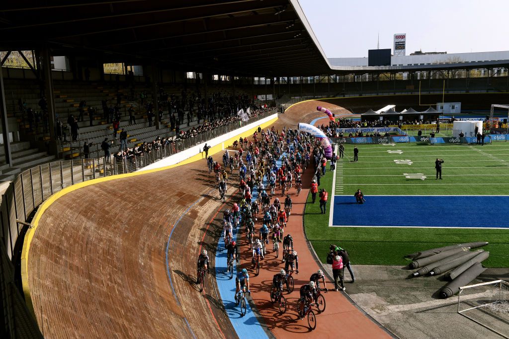 SANREMO ITALY MARCH 19 A general view of the peloton in Vigorelli Velodrome at start during the 113th MilanoSanremo 2022 a 293km one day race from Milano to Sanremo MilanoSanremo on March 19 2022 in Sanremo Italy Photo by Tim de WaeleGetty Images