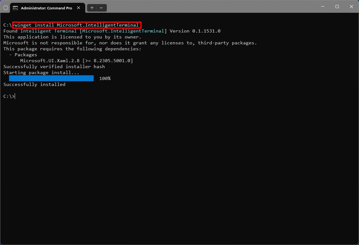 Windows Terminal installing Intelligent Terminal using the WinGet command.