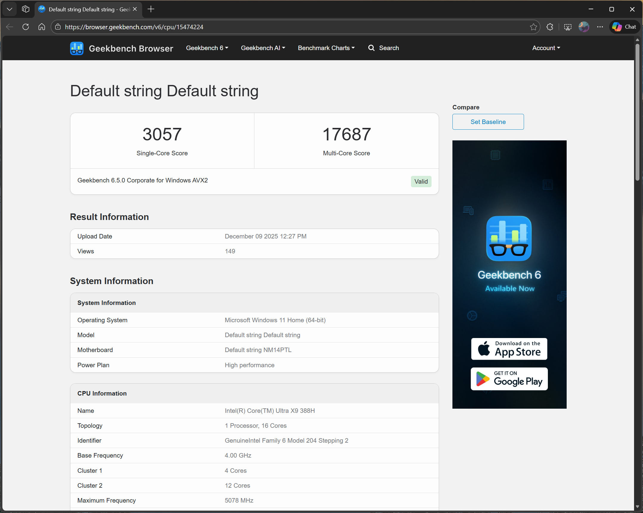 Intel Core Ultra X9 388H Geekbench listing