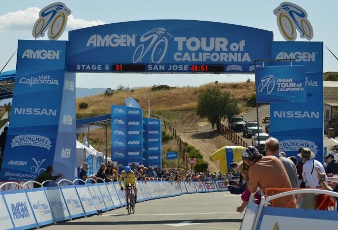 Tejay van Garderen (BMC) crosses the line to win the San Jose time trial and extend his overall lead