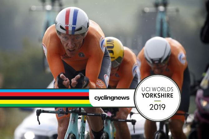 Jos Van Emden leads the ultimately successful Dutch charge in the mixed relay TTT at the 2019 World Championships