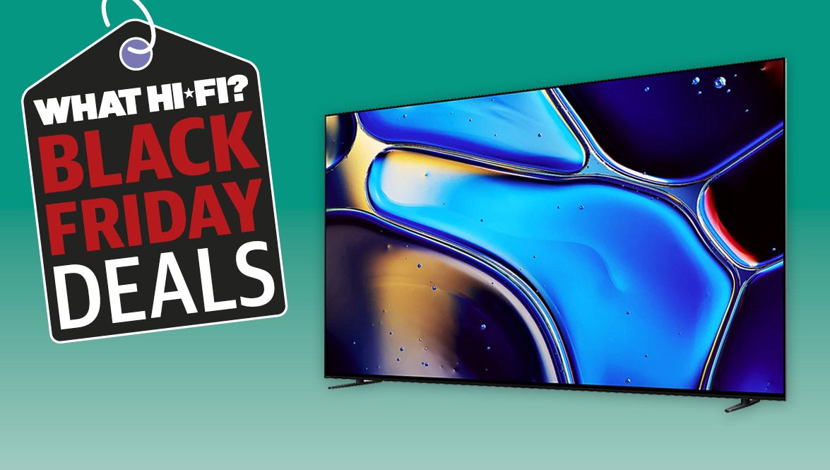 Sony Bravia 8 TV on a green background with &quot;What Hi-Fi? Black Friday Deals&quot; badge