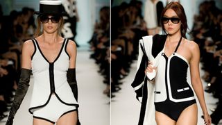 Models walking down the Chanel runway in 2011 wearing black-and-white tankinis.
