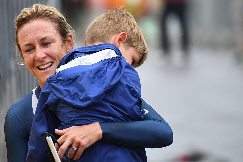 Kristin Armstrong's son Lucas congratulates her