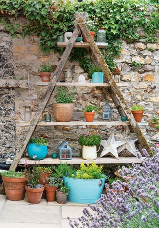cottage garden patio ideas: shelves full of pots