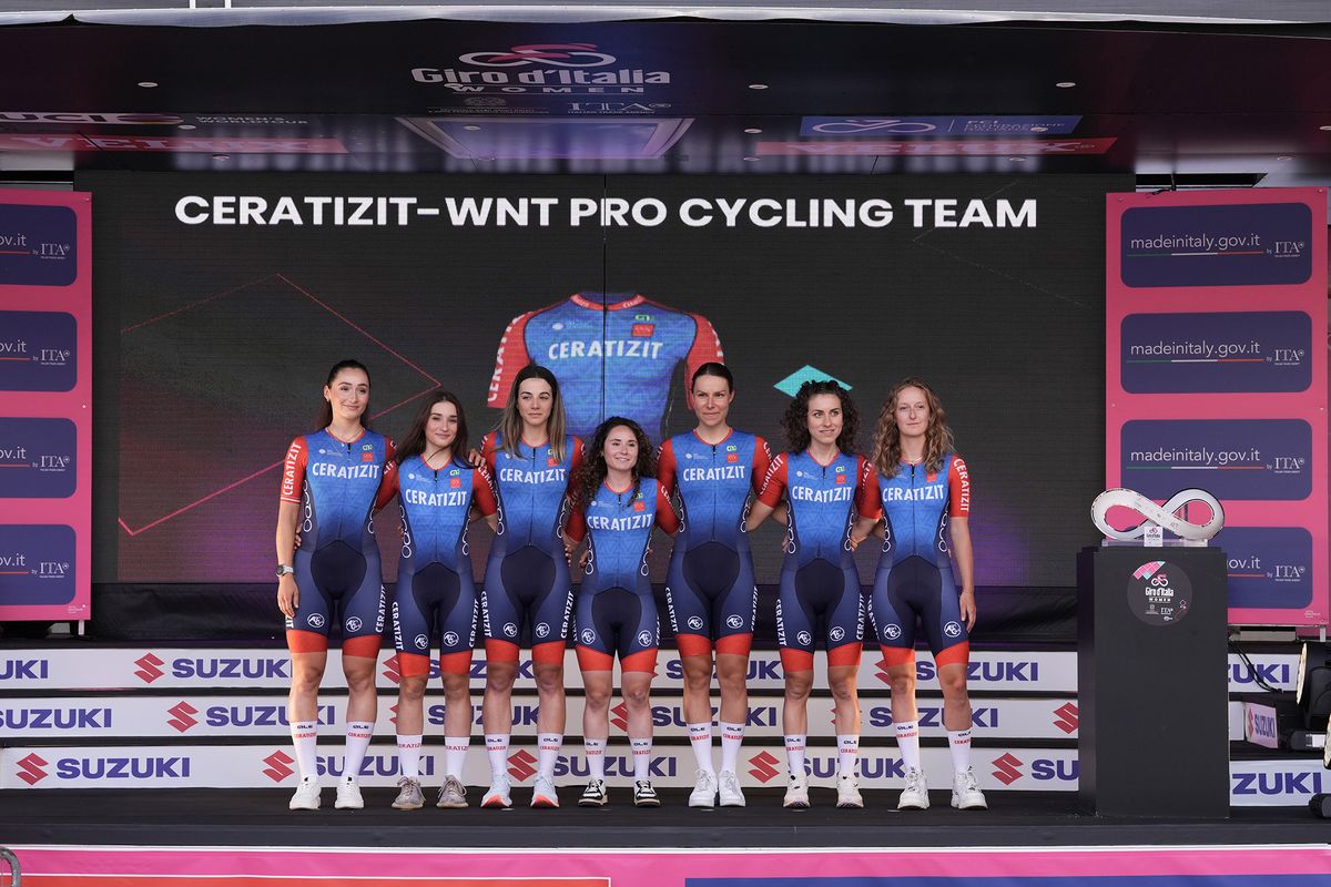 Ceratizit-WNT on stage at the 2024 Giro d'Italia Women at the teams presentation at the Piazza della Loggia in Brescia