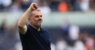 Tottenham Hotspur manager Ange Postecoglou celebrates following their sides victory after the Premier League match between Tottenham Hotspur and Sheffield United at Tottenham Hotspur Stadium on September 16, 2023 in London, England.
