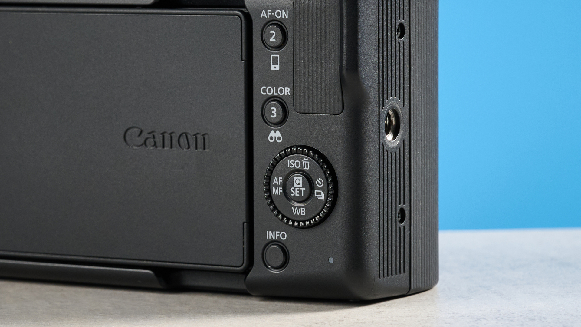 A black Canon EOS R50 V video-first camera