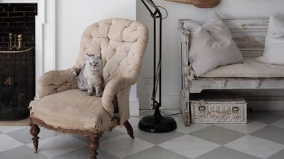 Grey and white checkerboard wooden flooring