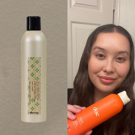 Catharine Malzahn holding an orange hairspray bottle in her bathroom on a beige background next to two other hairspray bottles