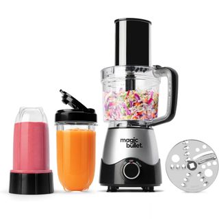 A Magic Bullet Kitchen Express with its attachments