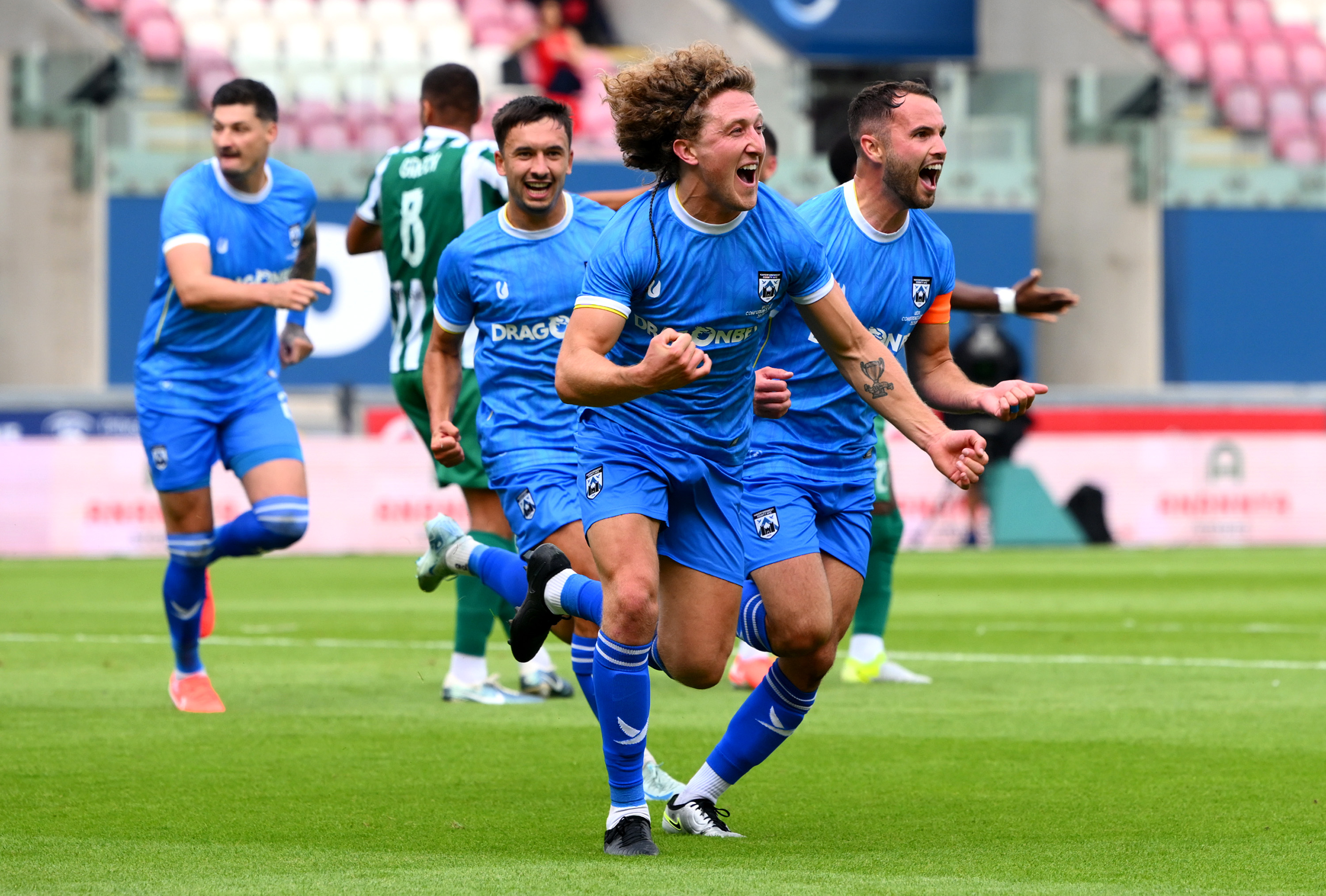 LLANELLI, WALES - JULY 17: Greg Walters of Haverfordwest County celebrates scoring his team&amp;amp;apos;s first goal with team mates during the UEFA Europa Conference First Qualifying Round Second Leg match between Haverfordwest County and Floriana at Parc y Scarlets on July 17, 2025 in Llanelli, Wales. (Photo by Simon Galloway/Getty Images)