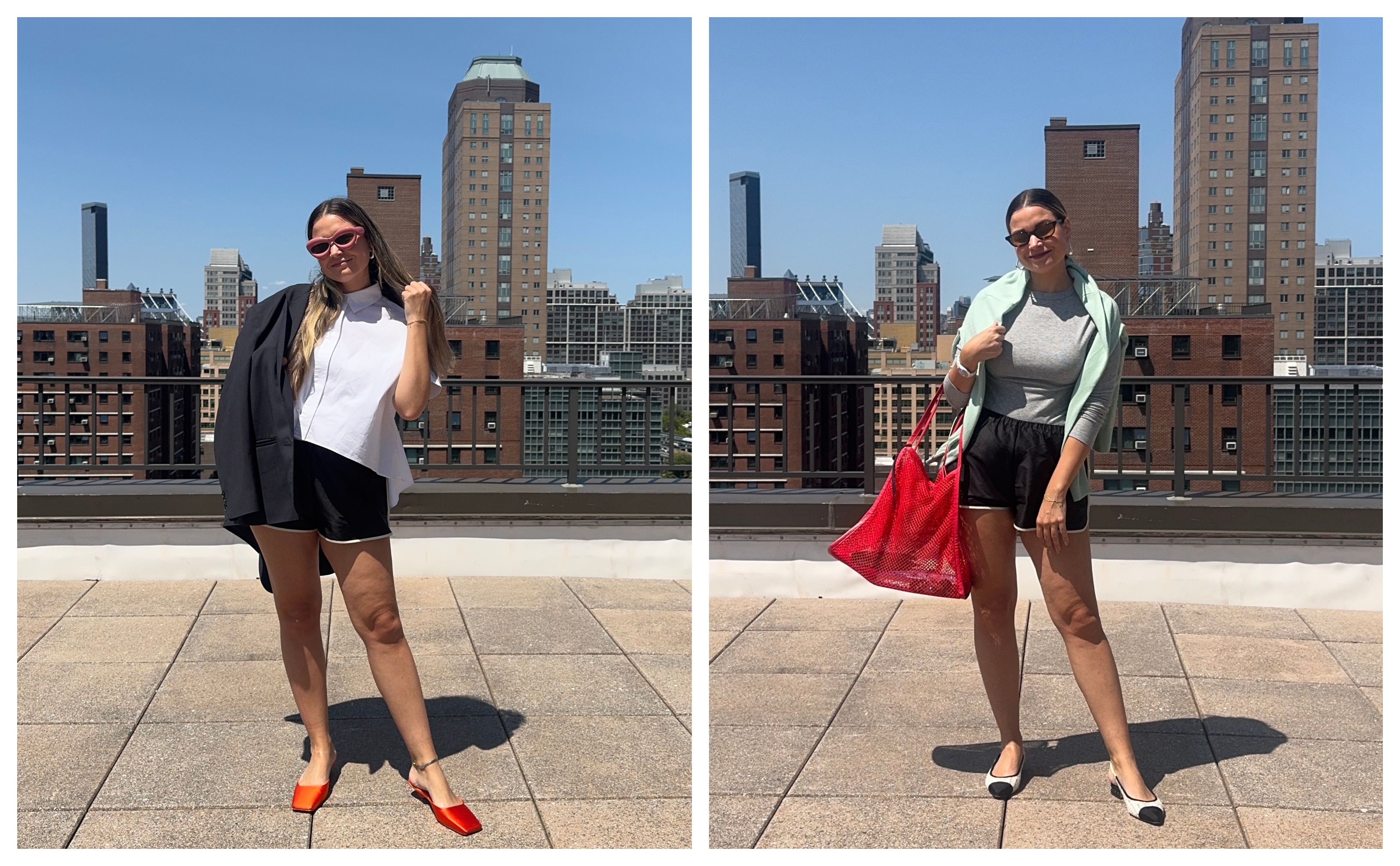 Irina Grechko in two outfits showcasing the track shorts trend.