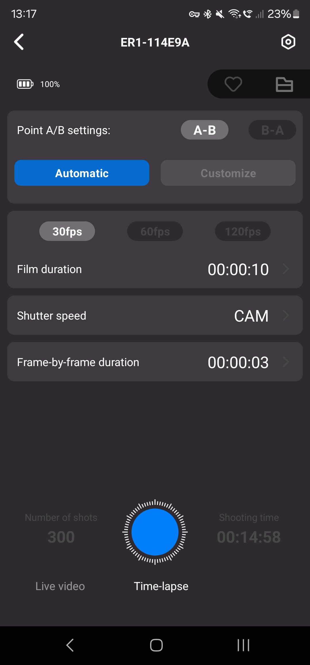 Screenshot from the Neewer ER1 Motorized Carbon Fiber Camera Slider app showing control options